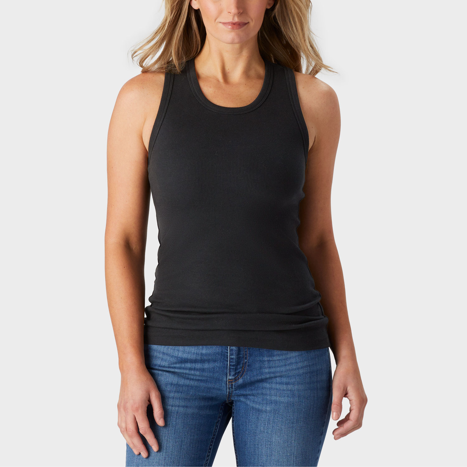 Women's No-Yank Rib Racerback Shelf Bra Tank, 40283 (Black)